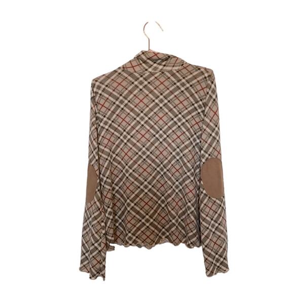 Umgee plaid striped tunic top with high neck and contrast elbow pads size medium - Picture 2 of 7